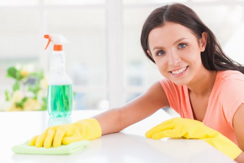 Carpet cleaning technician preparing equipment safely