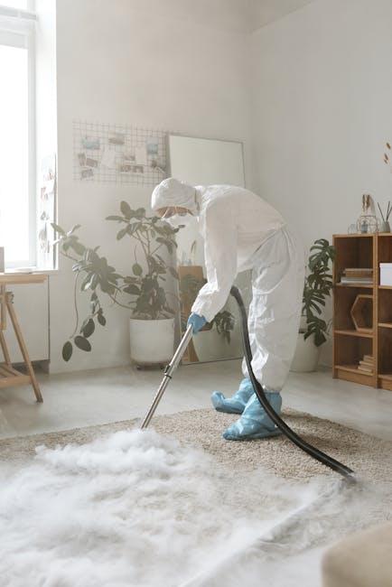 A person wearing beige shoes, a brown coat, and jeans is vacuuming a patterned area rug with a yellow and black vacuum cleaner in a domestic setting. The rug features a floral design in muted tones of